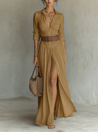 Vestido Largo con Cuello de Solapa y Manga Larga
