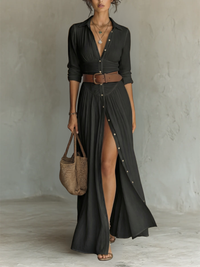 Vestido Largo con Cuello de Solapa y Manga Larga