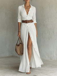 Vestido Largo con Cuello de Solapa y Manga Larga