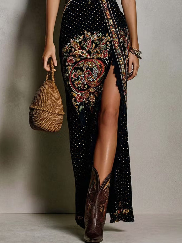 Vestido Boho con Escote en V Profundo, Estampado Étnico y Abertura Alta