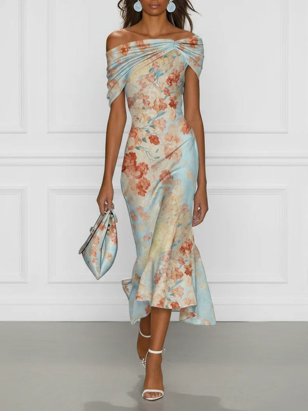 Vittoria · Vestido Midi Sirena sin Mangas Off-Shoulder con Estampado Floral Azul
