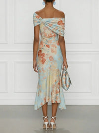 Vittoria · Vestido Midi Sirena sin Mangas Off-Shoulder con Estampado Floral Azul