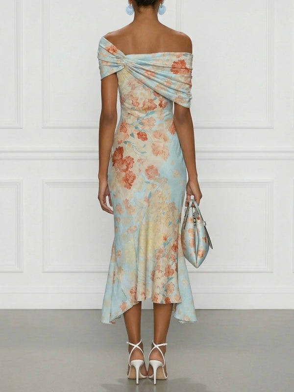 Vittoria · Vestido Midi Sirena sin Mangas Off-Shoulder con Estampado Floral Azul