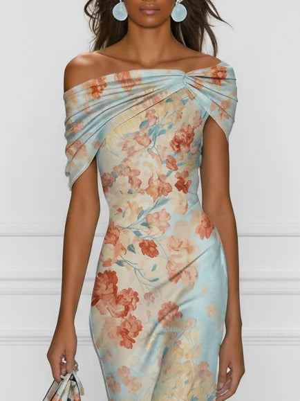 Vittoria · Vestido Midi Sirena sin Mangas Off-Shoulder con Estampado Floral Azul