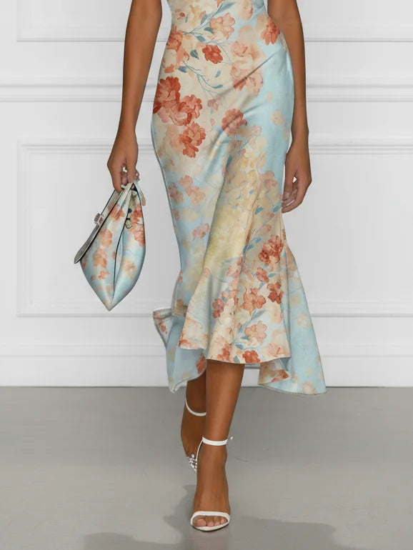 Vittoria · Vestido Midi Sirena sin Mangas Off-Shoulder con Estampado Floral Azul