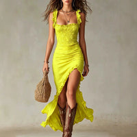 Jane · Vestido Maxi Boho Fruncido con Abertura Lateral