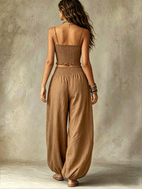 Conjunto de Dos Piezas: Top Corto Smock y Pantalón Palazzo de Pierna Ancha