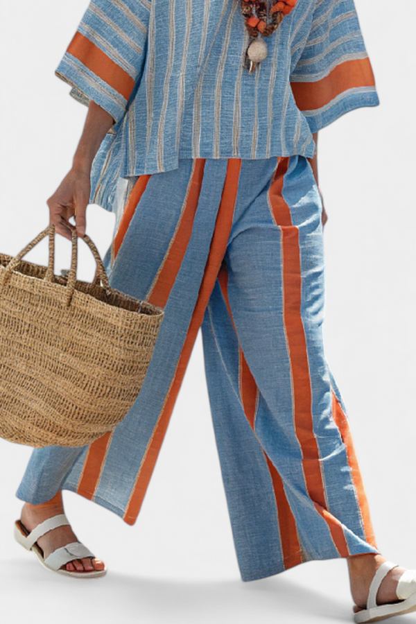 Celeste | Conjunto Top Terracota a Rayas y Pantalón de Lino