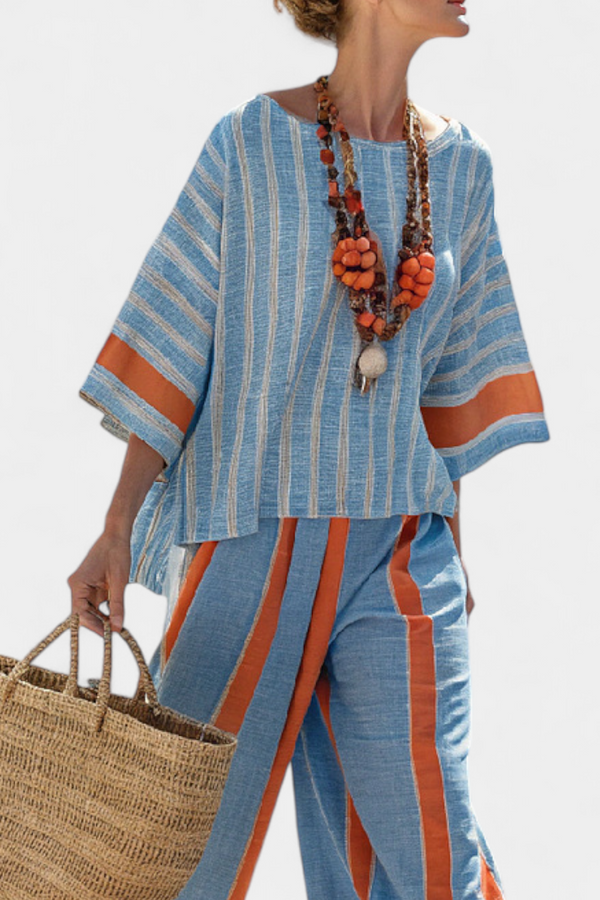 Celeste | Conjunto Top Terracota a Rayas y Pantalón de Lino