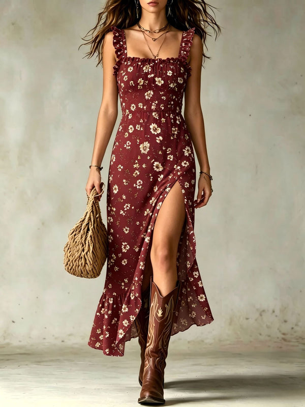 Vestido Maxi Floral con Cuerpo Smock, Volantes y Abertura en Muslo