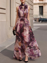 Vestido Maxi Floral sin Mangas con Cuello Lazada y Cinturón