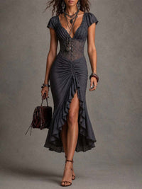 Vestido Midi con Corsé de Encaje, Fruncido y Abertura