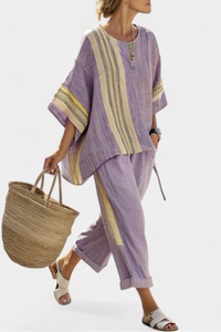 Isla | Conjunto Top Lavanda y Pantalón Mostaza a Rayas