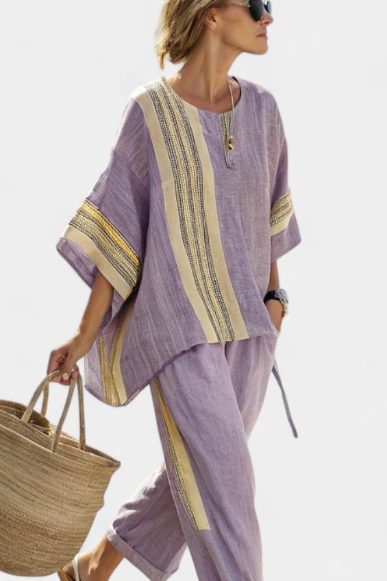 Isla | Conjunto Top Lavanda y Pantalón Mostaza a Rayas