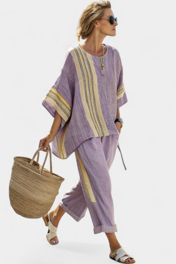 Isla | Conjunto Top Lavanda y Pantalón Mostaza a Rayas