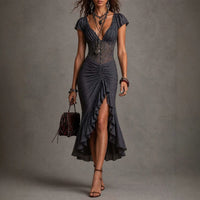 Vestido Midi con Corsé de Encaje, Fruncido y Abertura