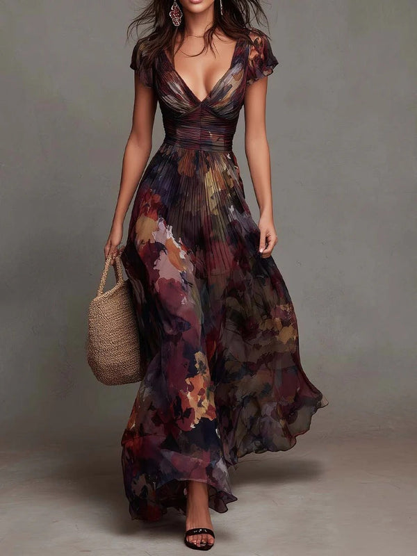 Vestido Maxi Plisado con Escote en V y Estampado Floral Acuarela
