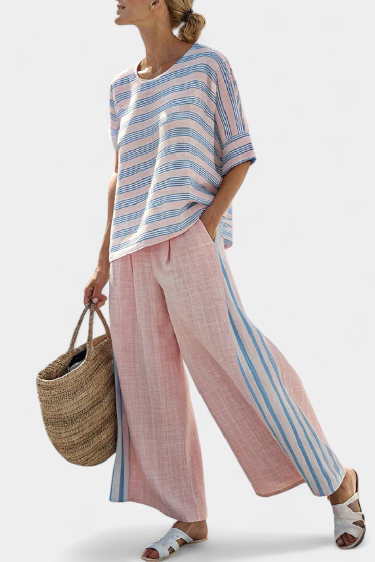 Aria | Conjunto Blusa Lino Rosa-Azul y Pantalón Suave