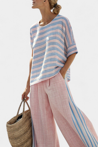 Aria | Conjunto Blusa Lino Rosa-Azul y Pantalón Suave