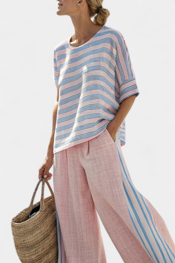 Aria | Conjunto Blusa Lino Rosa-Azul y Pantalón Suave