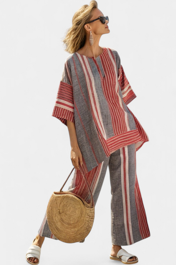 Annalise | Conjunto Top Coral-Gris de Lino y Pantalón Ancho