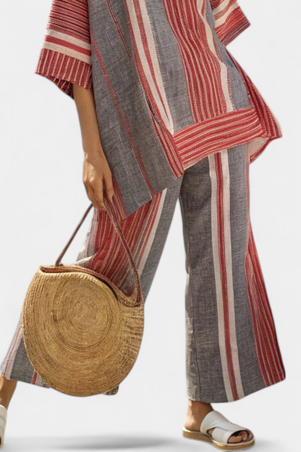 Annalise | Conjunto Top Coral-Gris de Lino y Pantalón Ancho