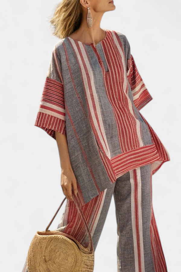 Annalise | Conjunto Top Coral-Gris de Lino y Pantalón Ancho