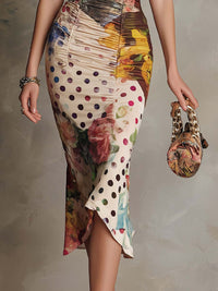 Vestido Midi Bodycon Fruncido con Estampado Mixto y Encaje