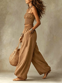 Conjunto de Dos Piezas: Top Corto Smock y Pantalón Palazzo de Pierna Ancha