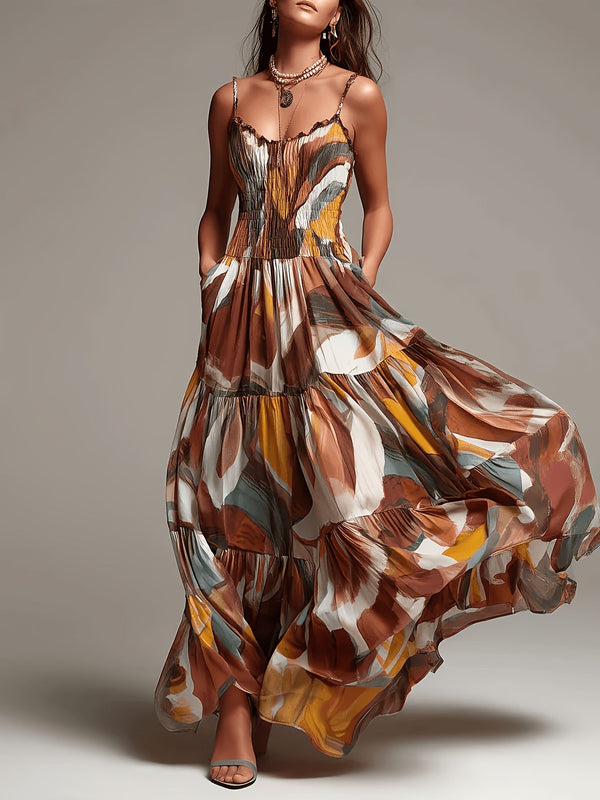 Vestido Maxi con Estampado Abstracto, Cuerpo Smock y Volantes por Niveles
