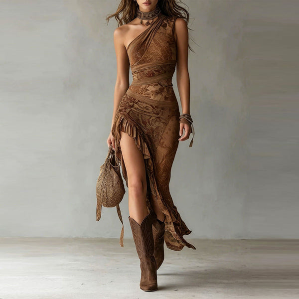 Albertine · Vestido Largo Asimétrico con Estampado y Abertura de Volantes