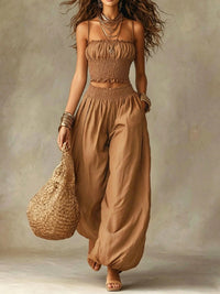 Conjunto de Dos Piezas: Top Corto Smock y Pantalón Palazzo de Pierna Ancha