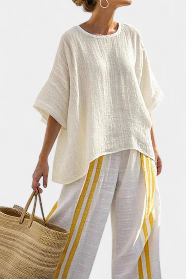 Freya | Conjunto Top Amarillo a Rayas y Pantalón Ancho de Lino