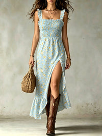 Vestido Maxi Floral con Cuerpo Smock, Volantes y Abertura en Muslo