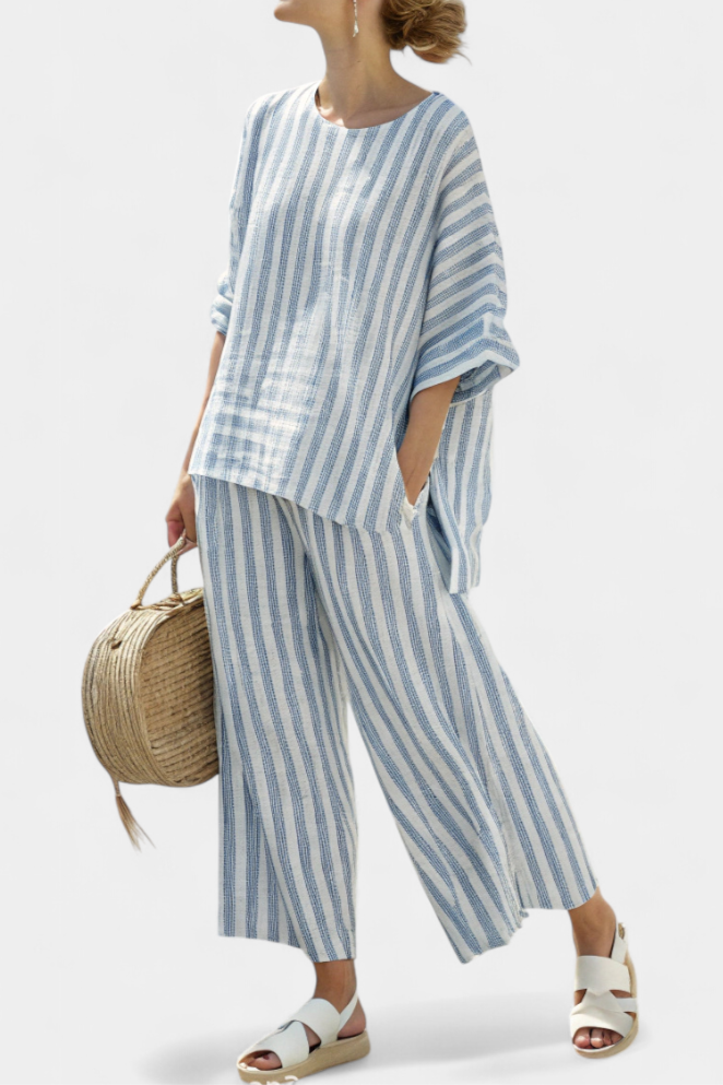 Talia | Conjunto Top Azul de Lino a Rayas y Pantalón Relajado