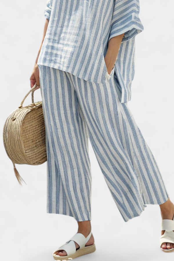 Talia | Conjunto Top Azul de Lino a Rayas y Pantalón Relajado