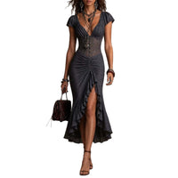 Vestido Midi con Corsé de Encaje, Fruncido y Abertura