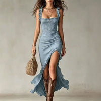 Jane · Vestido Maxi Boho Fruncido con Abertura Lateral