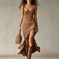 Jane · Vestido Maxi Boho Fruncido con Abertura Lateral