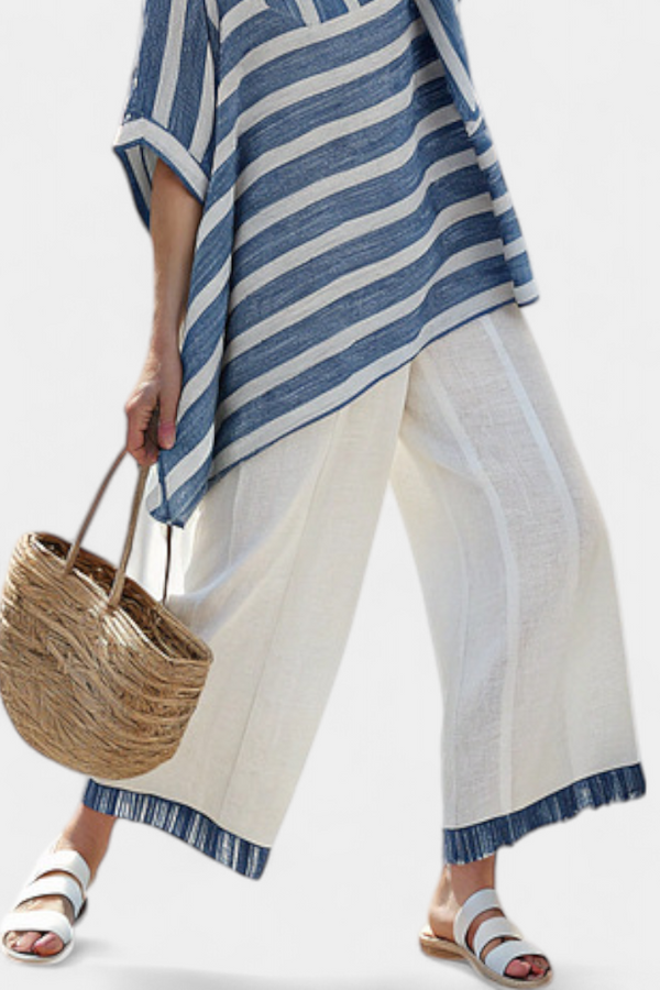 Alexa | Conjunto Top Azul a Rayas y Pantalón con Detalle en Bajo