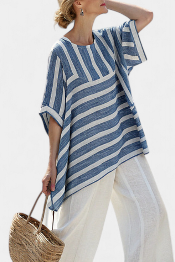 Alexa | Conjunto Top Azul a Rayas y Pantalón con Detalle en Bajo