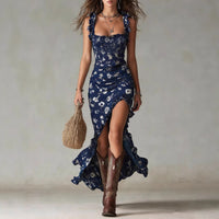 Zara · Vestido Maxi Boho Floral Fruncido con Abertura Lateral