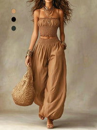 Conjunto de Dos Piezas: Top Corto Smock y Pantalón Palazzo de Pierna Ancha