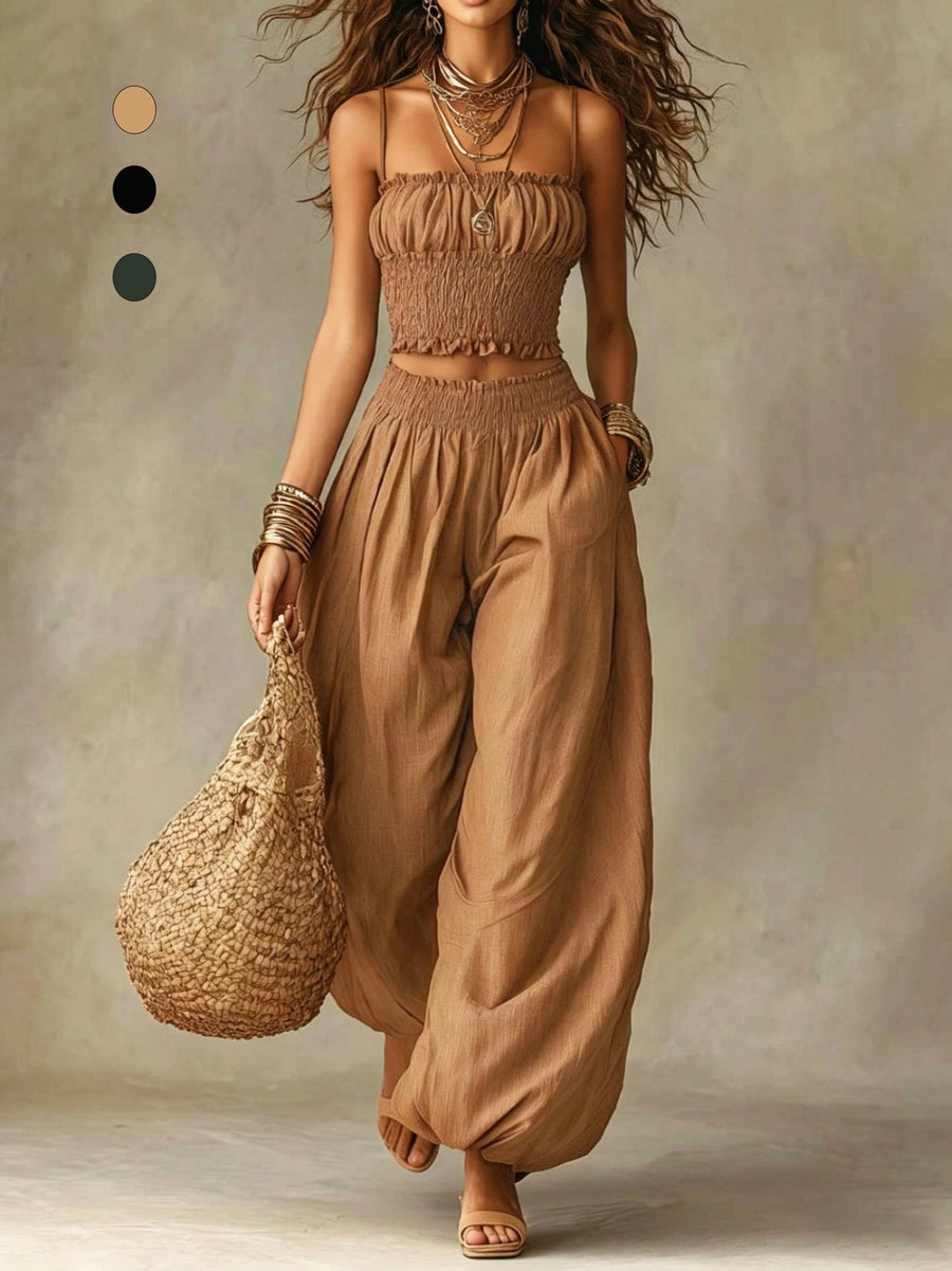Conjunto de Dos Piezas: Top Corto Smock y Pantalón Palazzo de Pierna Ancha