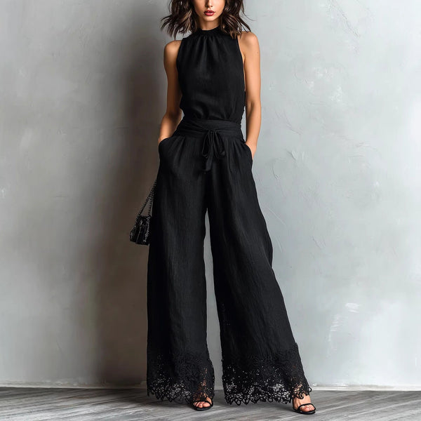 Mono de Pierna Ancha con Cuello Halter, Encaje y Cinturón