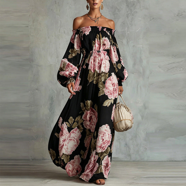 Payton · Vestido Maxi Floral con Hombros Descubiertos y Mangas Largas
