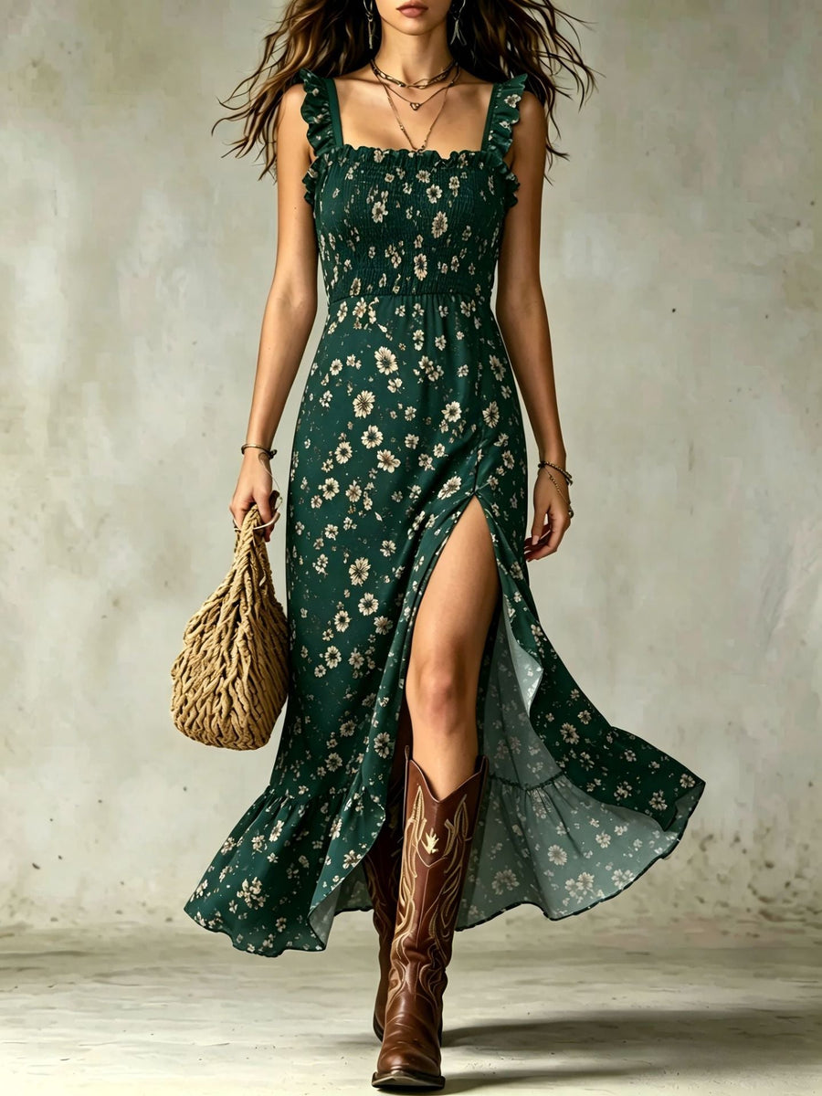 Vestido Maxi Floral con Cuerpo Smock, Volantes y Abertura en Muslo