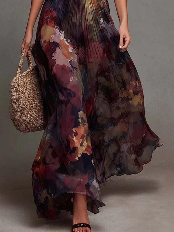 Vestido Maxi Plisado con Escote en V y Estampado Floral Acuarela