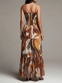 Vestido Maxi con Estampado Abstracto, Cuerpo Smock y Volantes por Niveles