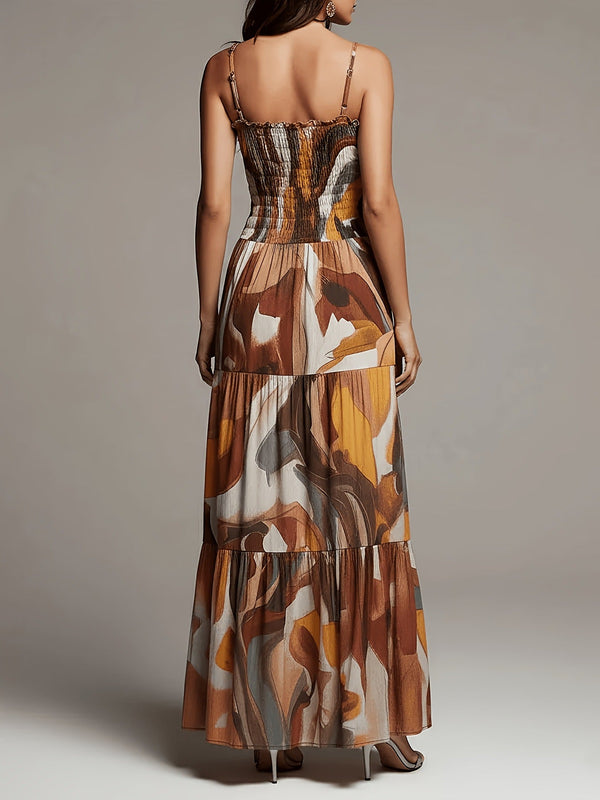 Vestido Maxi con Estampado Abstracto, Cuerpo Smock y Volantes por Niveles